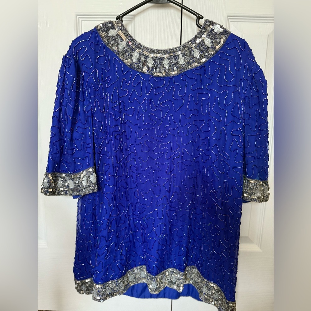 VTG Scala Blue Silk Blouse Women's 1X Silver Sequins Beads 80s 90s Beaded